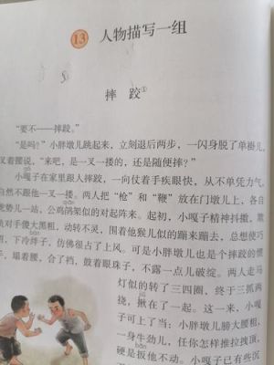 摔跤这一课中描写小嘎子神态的句子有什么？（鞭是胖墩的武器）